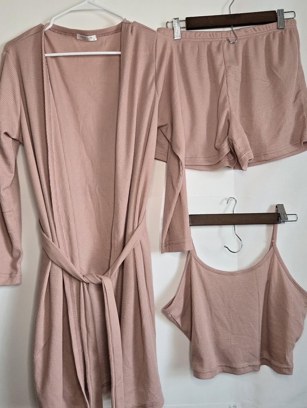 Ekouaer Women's Ribbed Knit 3 piece Lounge pajama set M long cardigan robe Rose